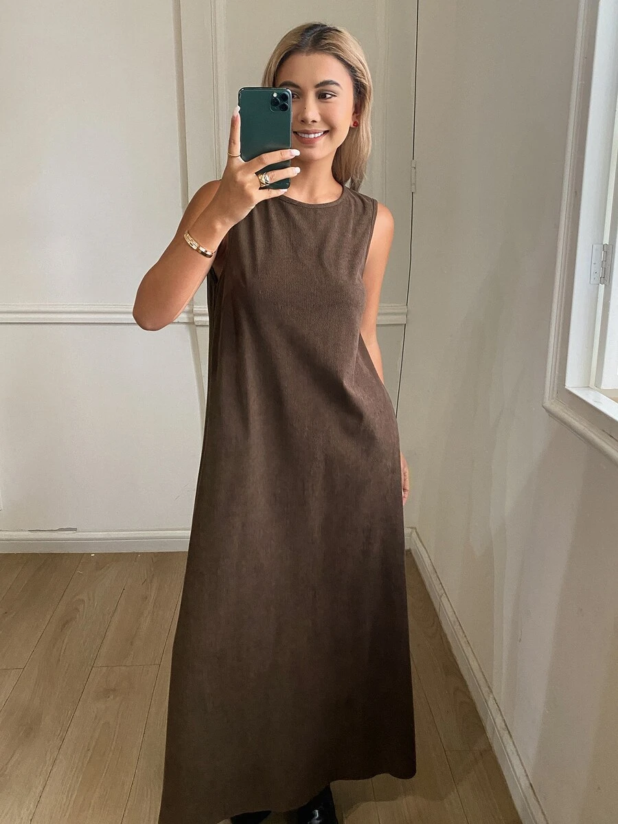 DAZY Solid Color Loose Sleeveless Tank Dress Corduroy Tie Back Open Back Casual Vacation Layerable Spring Autumn Women Long Dress - Brown - View 1