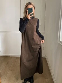 DAZY Solid Color Loose Sleeveless Tank Dress Corduroy Tie Back Open Back Casual Vacation Layerable Spring Autumn Women Long Dress - Brown - View 4