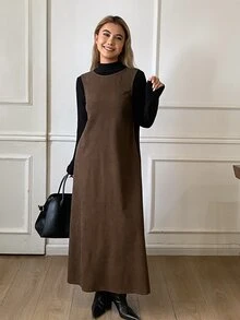 DAZY Solid Color Loose Sleeveless Tank Dress Corduroy Tie Back Open Back Casual Vacation Layerable Spring Autumn Women Long Dress - Brown - View 3