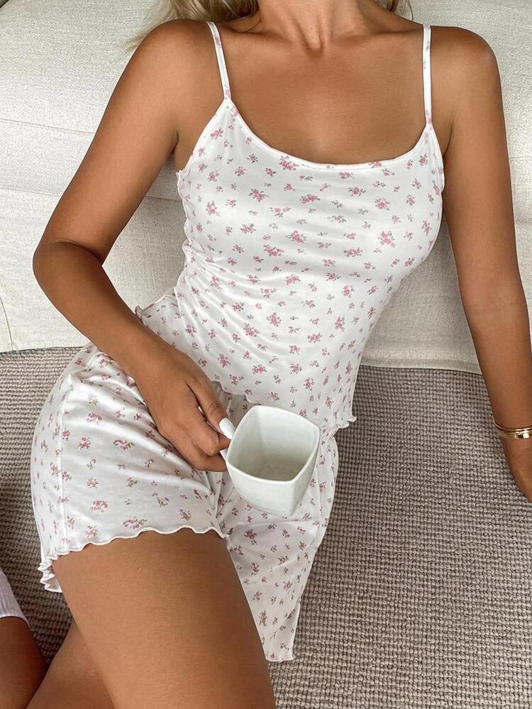 DAZY 2pcs Sweet Ditsy Floral Loose Short Sleeve T-Shirt And Loose Straight Leg Long Pajama Pants Set, Summer Women's Sleepwear - Beige - View 6