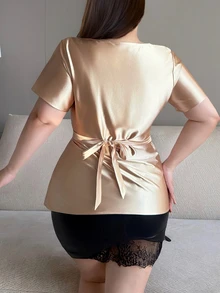 Dazy Plus Solid Color Fitted Short Sleeve Round Neck Tie Elegant Formal Summer Top Early Autumn New Shirt - Apricot - View 6