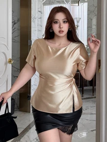 Dazy Plus Solid Color Fitted Short Sleeve Round Neck Tie Elegant Formal Summer Top Early Autumn New Shirt - Apricot - View 5