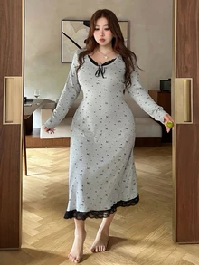 Dazy Plus Spring/Summer Bow Pattern All-Over Print Colorblock Lace Patchwork Waist-Cinching Long Plus Size Women's Elegant Short Sleeve Nightgown - Grey - View 6