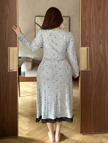 Dazy Plus Spring/Summer Bow Pattern All-Over Print Colorblock Lace Patchwork Waist-Cinching Long Plus Size Women's Elegant Short Sleeve Nightgown - Grey - View 4
