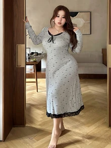 Dazy Plus Spring/Summer Bow Pattern All-Over Print Colorblock Lace Patchwork Waist-Cinching Long Plus Size Women's Elegant Short Sleeve Nightgown - Grey - View 7