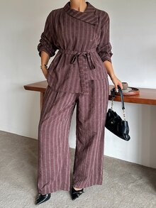 Dazy Plus Striped Collared Long Sleeve Shirt And Loose Straight Leg Pants Casual 2 Pieces Set Fall - Brown - View 2