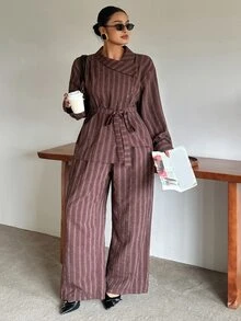 Dazy Plus Striped Collared Long Sleeve Shirt And Loose Straight Leg Pants Casual 2 Pieces Set Fall - Brown - View 4