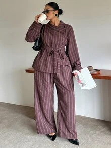 Dazy Plus Striped Collared Long Sleeve Shirt And Loose Straight Leg Pants Casual 2 Pieces Set Fall - Brown - View 3