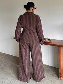 Dazy Plus Striped Collared Long Sleeve Shirt And Loose Straight Leg Pants Casual 2 Pieces Set Fall - Brown - View 6