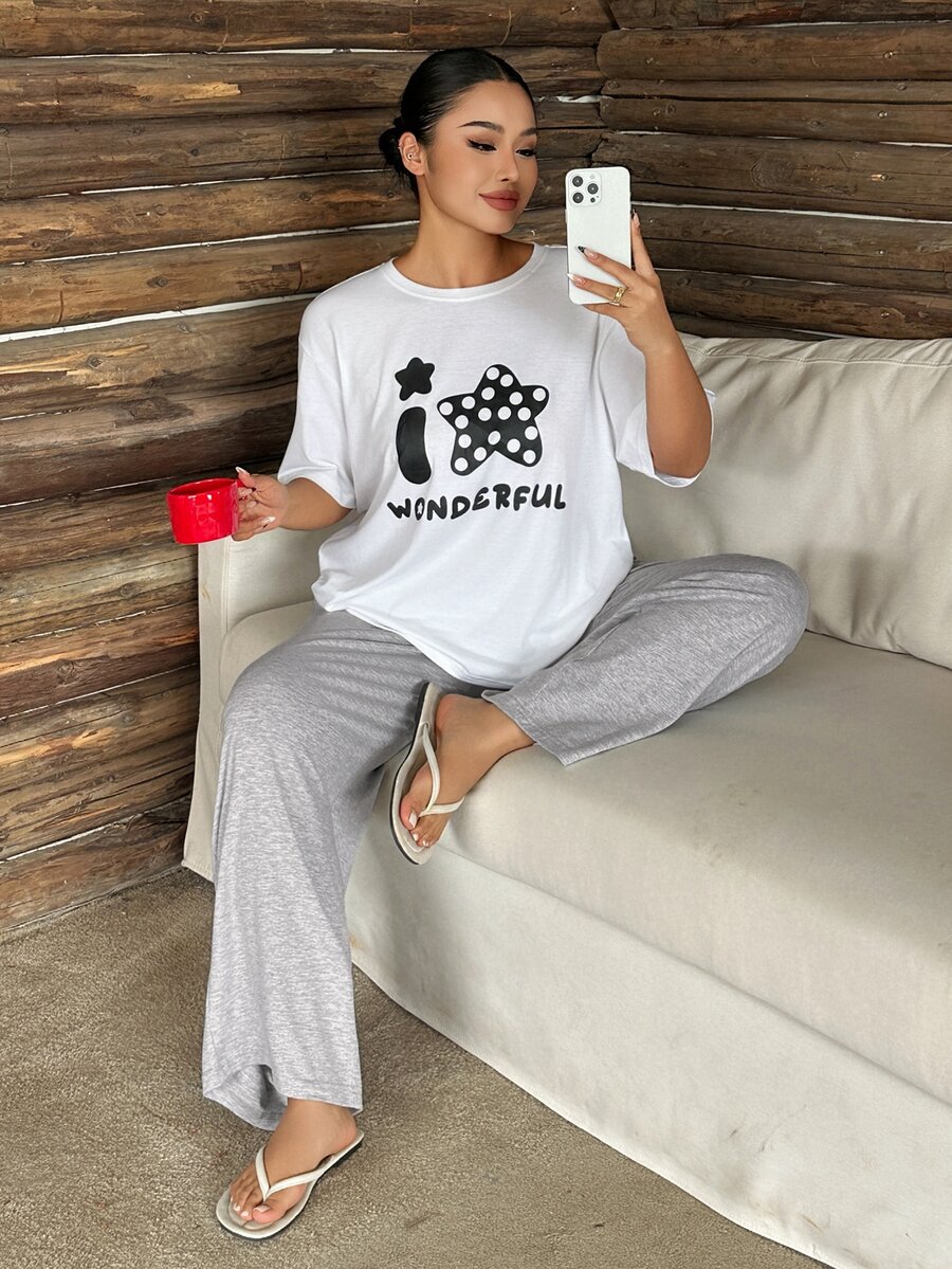 Dazy Plus Cartoon Print Loose Top And Pants 2-Piece Pajama Set, Spring Summer Autumn - White - View 1