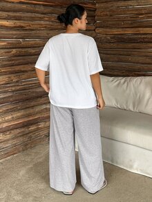 Dazy Plus Cartoon Print Loose Top And Pants 2-Piece Pajama Set, Spring Summer Autumn - White - View 2