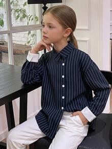 DAZY Tween Girl) Long Sleeve Striped Patchwork Casual Fashion New Style Shirt, Autumn/Winter Top - Navy Blue - View 5