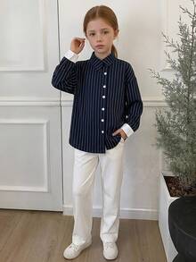 DAZY Tween Girl) Long Sleeve Striped Patchwork Casual Fashion New Style Shirt, Autumn/Winter Top - Navy Blue - View 4
