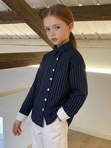 DAZY Tween Girl) Long Sleeve Striped Patchwork Casual Fashion New Style Shirt, Autumn/Winter Top - Navy Blue - View 1