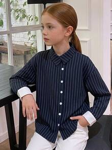 DAZY Tween Girl) Long Sleeve Striped Patchwork Casual Fashion New Style Shirt, Autumn/Winter Top - Navy Blue - View 6