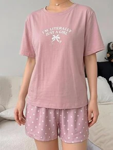 DAZY 女款字母蝴蝶結印花短袖上衣與短褲休閒日常居家睡衣套裝 秋季 - 粉色 - 查看 4
