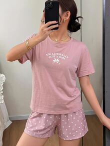 DAZY 女款字母蝴蝶結印花短袖上衣與短褲休閒日常居家睡衣套裝 秋季 - 粉色 - 查看 1