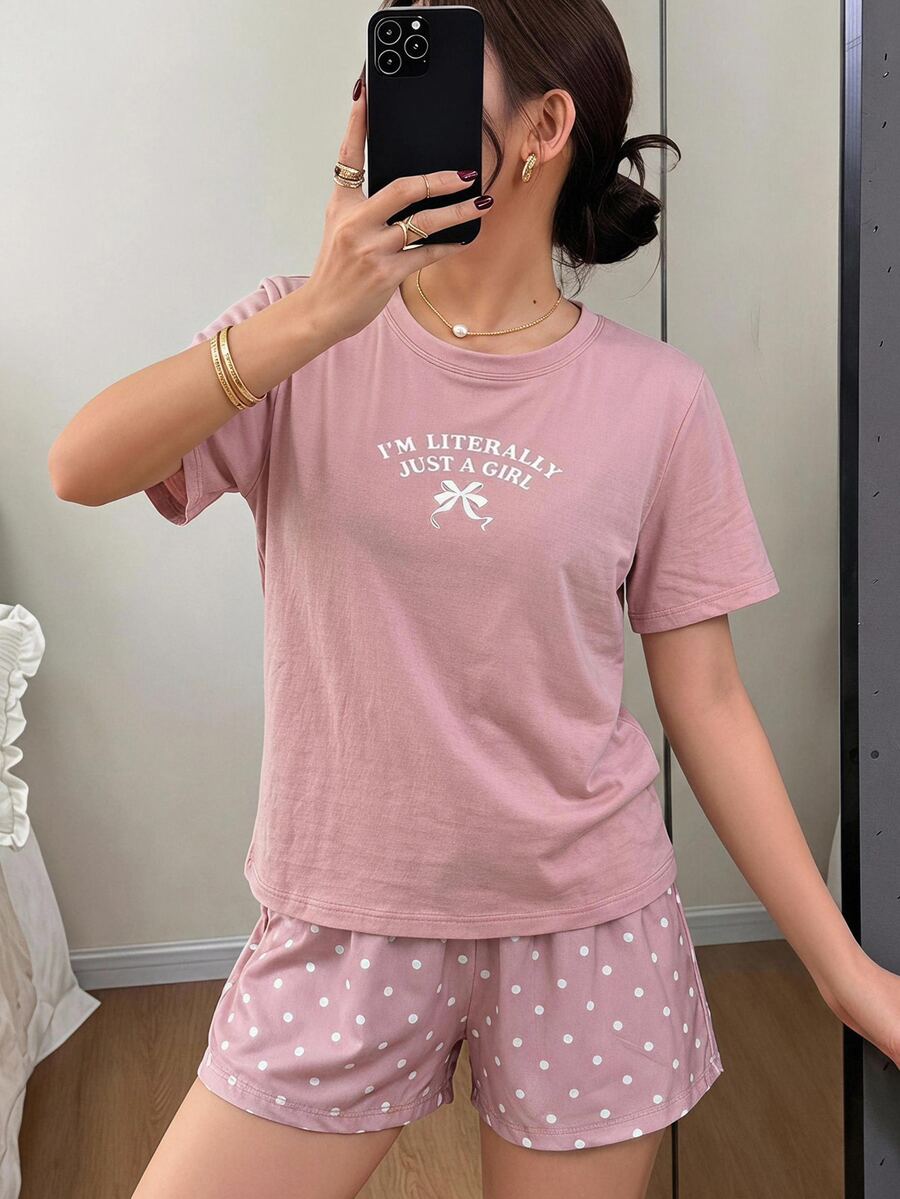 DAZY 女款字母蝴蝶結印花短袖上衣與短褲休閒日常居家睡衣套裝 秋季 - 粉色 - 查看 1