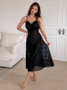 DAZY Sexy Sheer Mesh Lace Patchwork Cami Nightgown For Women Fall - Black - View 10