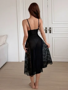 DAZY Sexy Sheer Mesh Lace Patchwork Cami Nightgown For Women Fall - Black - View 2