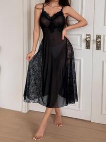 DAZY Sexy Sheer Mesh Lace Patchwork Cami Nightgown For Women Fall - Black - View 5