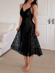 DAZY Sexy Sheer Mesh Lace Patchwork Cami Nightgown For Women Fall - Black - View 9