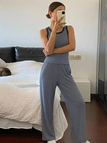 DAZY 女款條紋背心上衣與長褲家居服套裝 秋季 - 藏蓝色 - 查看 1