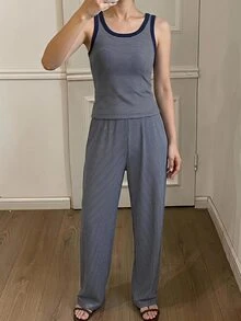 DAZY 女款條紋背心上衣與長褲家居服套裝 秋季 - 藏蓝色 - 查看 5