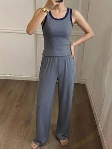 DAZY 女款條紋背心上衣與長褲家居服套裝 秋季 - 藏蓝色 - 查看 4