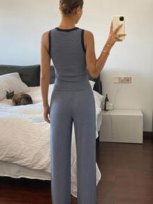 DAZY 女款條紋背心上衣與長褲家居服套裝 秋季 - 藏蓝色 - 查看 2