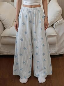 DAZY 條紋星星圖案滿版印花女款寬鬆睡褲 秋季 - 綠色 - 查看 5