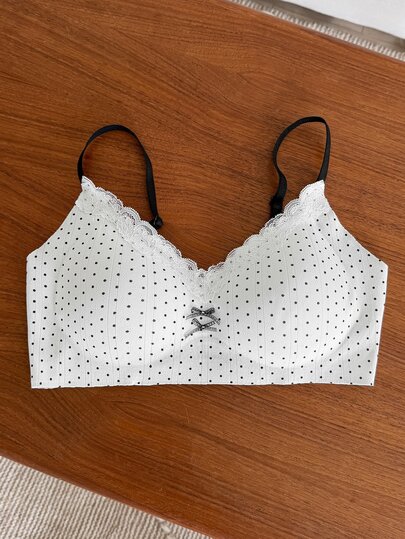 DAZY Lace Patchwork Polka Dot Pattern Padded Bra With Adjustable Spaghetti Strap Women's Lingerie Fall