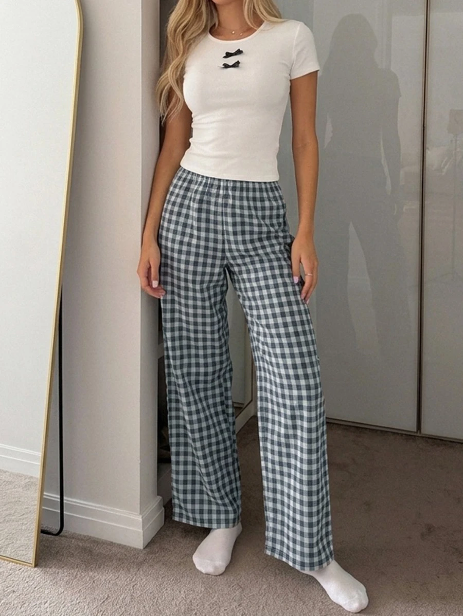 DAZY Women's Summer White Knitted Contrast Color Bow Decor Slim Fit Plaid Pajama Pants Set - White - View 1