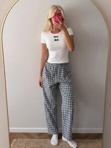 DAZY Women's Summer White Knitted Contrast Color Bow Decor Slim Fit Plaid Pajama Pants Set - White - View 4