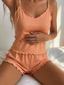 DAZY 甜美碎花修身無袖背心上衣與短款睡褲 2 件組 女款秋季睡衣 - 珊瑚橙 - 查看 4