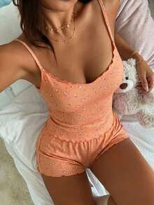 DAZY 甜美碎花修身無袖背心上衣與短款睡褲 2 件組 女款秋季睡衣 - 珊瑚橙 - 查看 1