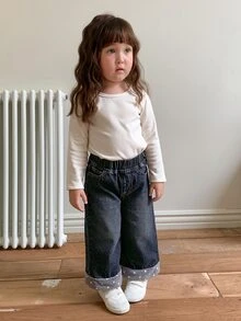 DAZY Baby Girls Loose Washed Korean Style Patchwork Plush Denim Jeans Fall - Dark Wash - View 7