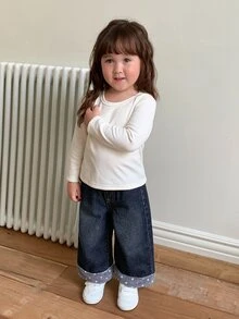 DAZY Baby Girls Loose Washed Korean Style Patchwork Plush Denim Jeans Fall - Dark Wash - View 3