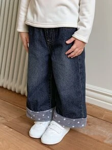 DAZY Baby Girls Loose Washed Korean Style Patchwork Plush Denim Jeans Fall - Dark Wash - View 4