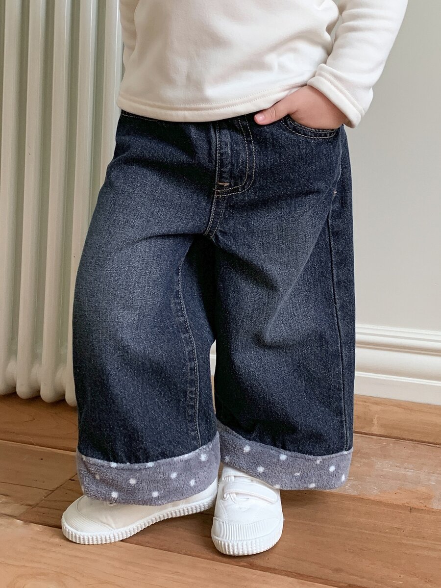 DAZY Baby Girls Loose Washed Korean Style Patchwork Plush Denim Jeans Fall - Dark Wash - View 1