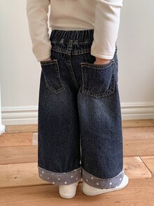 DAZY Baby Girls Loose Washed Korean Style Patchwork Plush Denim Jeans Fall - Dark Wash - View 2