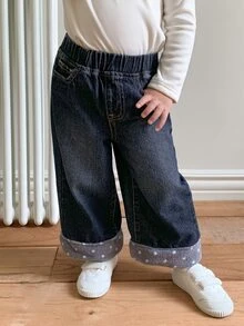 DAZY Baby Girls Loose Washed Korean Style Patchwork Plush Denim Jeans Fall - Dark Wash - View 6
