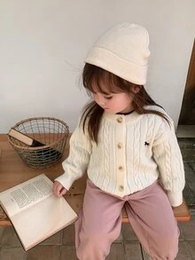 DAZY Baby Girls Round Neck Long Sleeve Solid Color Cardigan Fall - Apricot - View 7