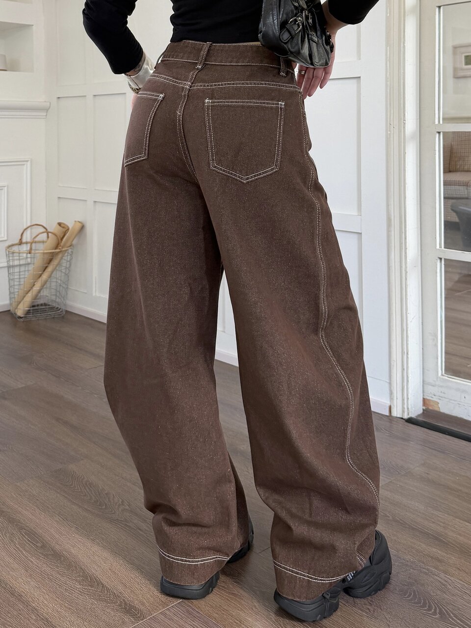 Women's Wide Leg Loose Casual Y2k Versatile Denim Jeans With Pockets Summer Everyday Night Out Coffee Brown