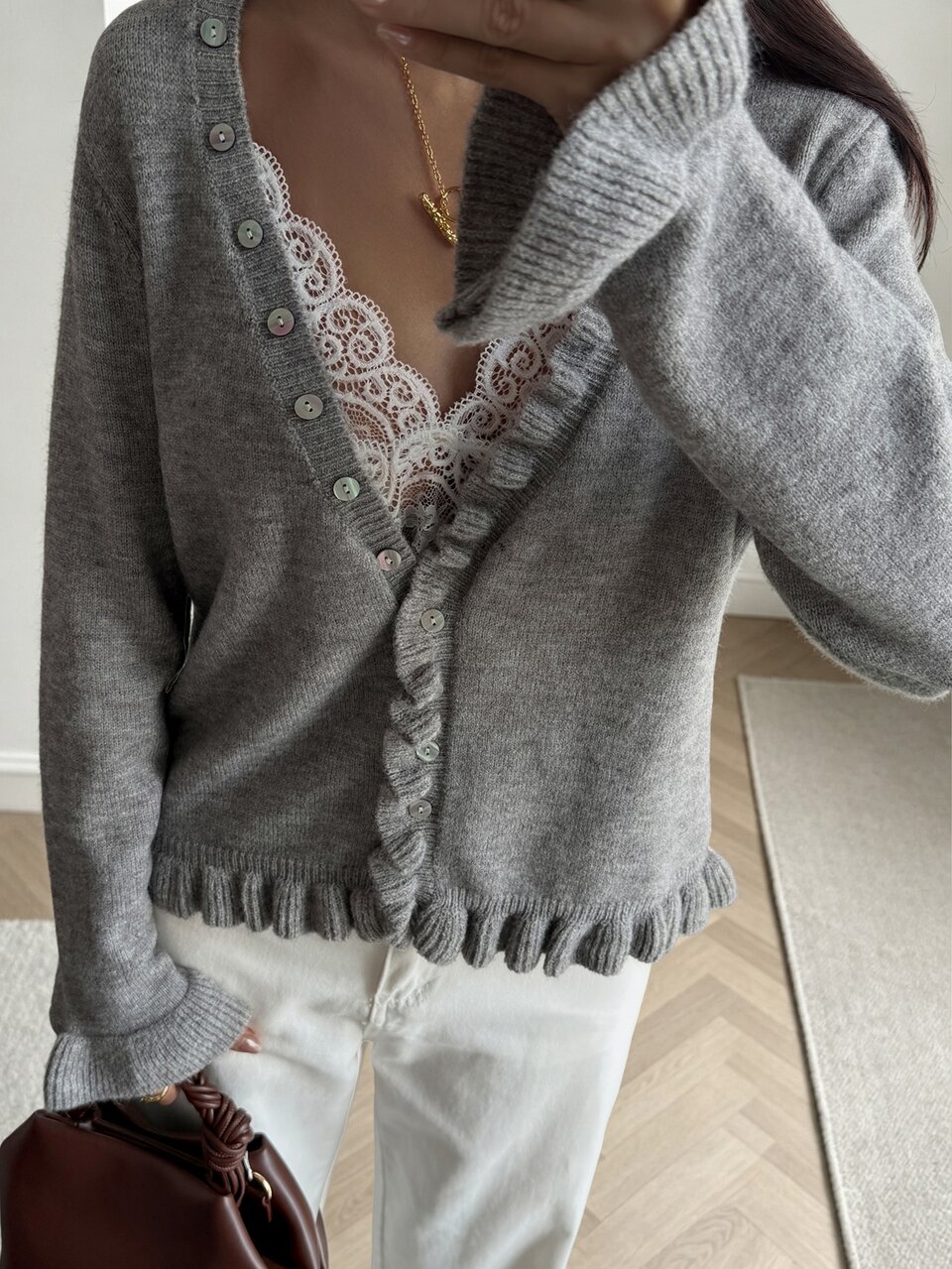 Women's Casual Elegant Ruffle Trim Cardigan, Autumn/Winter Brunch Gray