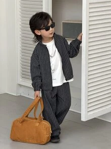 DAZY Young Boys Stand Collar Striped Loose Casual Jacket + Straight Leg Pants Striped 2 Pieces Set Fall - Dark Grey - View 7