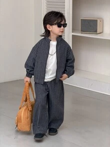 DAZY Young Boys Stand Collar Striped Loose Casual Jacket + Straight Leg Pants Striped 2 Pieces Set Fall - Dark Grey - View 3
