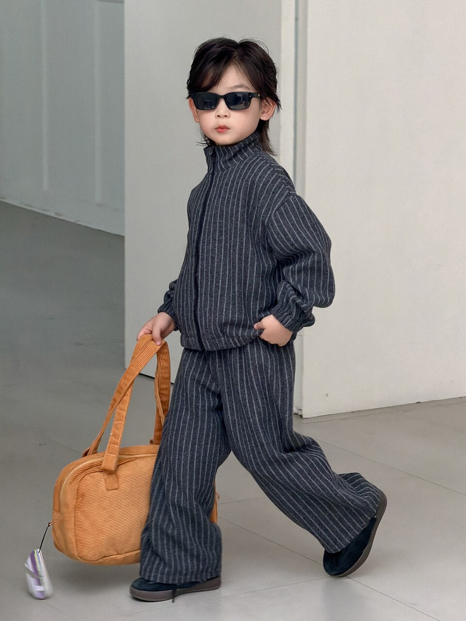 Young Boys Stand Collar Striped Loose Casual Jacket + Straight Leg Pants Striped 2 Pieces Set Fall