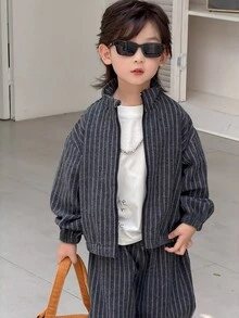 DAZY Young Boys Stand Collar Striped Loose Casual Jacket + Straight Leg Pants Striped 2 Pieces Set Fall - Dark Grey - View 4
