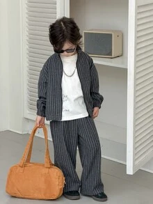 DAZY Young Boys Stand Collar Striped Loose Casual Jacket + Straight Leg Pants Striped 2 Pieces Set Fall - Dark Grey - View 6